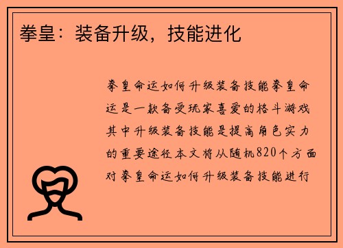 拳皇：装备升级，技能进化